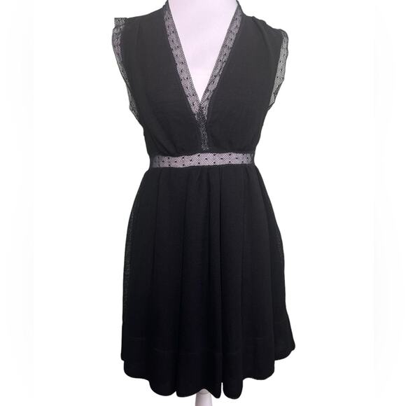 Sandro Paris Black Cocktail Plunging Lace-Trim Mini Dress - Picture 1 of 12